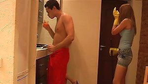 Cleaning Ladies Laugh At His Soft Small Cock And Blow Him Together