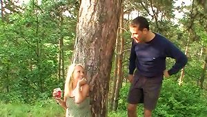 Jeans-clad Blonde With Beautiful Natural Tits Enjoying A Hardcore Fuck In A Forest